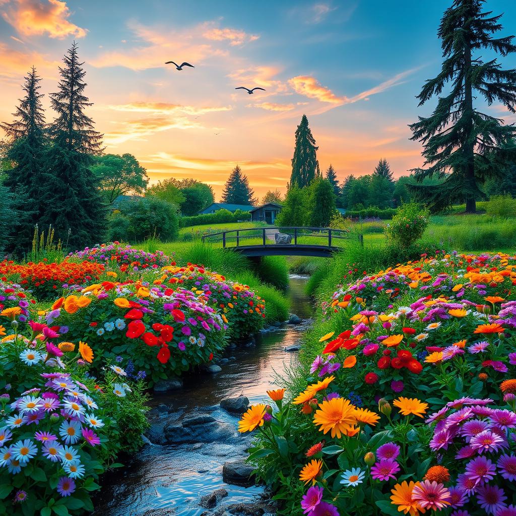 A serene landscape of a flourishing garden filled with vibrant flowers of various colors, a gentle stream flowing through it