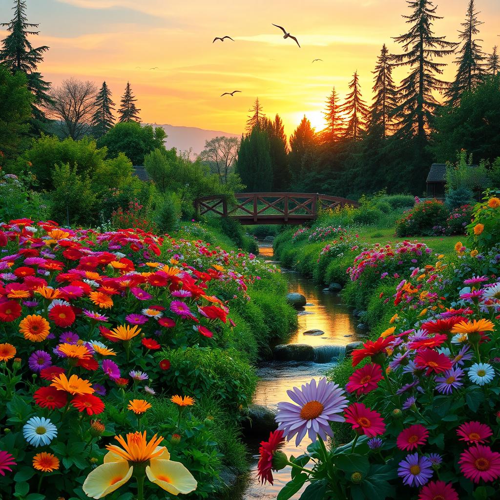 A serene landscape of a flourishing garden filled with vibrant flowers of various colors, a gentle stream flowing through it