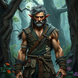 A middle-aged forest elf stands in a mystical forest environment, exuding strength and vitality despite his rugged, disheveled appearance