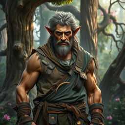 A middle-aged forest elf stands in a mystical forest environment, exuding strength and vitality despite his rugged, disheveled appearance