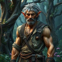 A middle-aged forest elf stands in a mystical forest environment, exuding strength and vitality despite his rugged, disheveled appearance