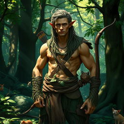 A mid-aged forest elf, exhibiting a robust and muscular physique, standing confidently in a lush forest setting