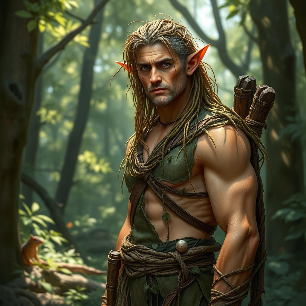 A mid-aged forest elf, exhibiting a robust and muscular physique, standing confidently in a lush forest setting