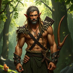 A mid-aged forest elf, exhibiting a robust and muscular physique, standing confidently in a lush forest setting