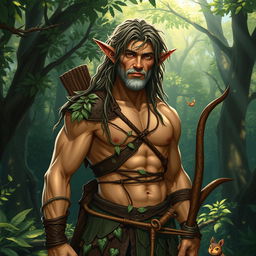 A mid-aged forest elf, exhibiting a robust and muscular physique, standing confidently in a lush forest setting