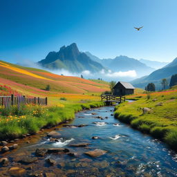 A serene landscape featuring rolling hills covered in vibrant wildflowers under a clear blue sky