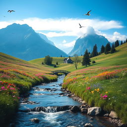 A serene landscape featuring rolling hills covered in vibrant wildflowers under a clear blue sky