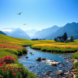 A serene landscape featuring rolling hills covered in vibrant wildflowers under a clear blue sky