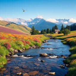 A serene landscape featuring rolling hills covered in vibrant wildflowers under a clear blue sky