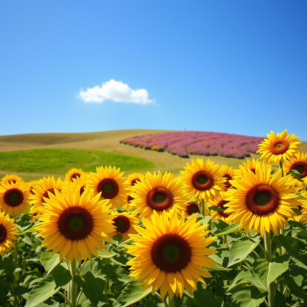 A vibrant and captivating image of a field of blooming sunflowers under a clear blue sky