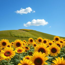 A vibrant and captivating image of a field of blooming sunflowers under a clear blue sky