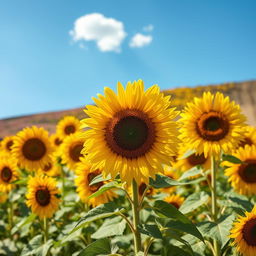 A vibrant and captivating image of a field of blooming sunflowers under a clear blue sky