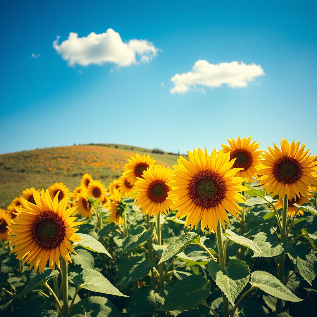 A vibrant and captivating image of a field of blooming sunflowers under a clear blue sky