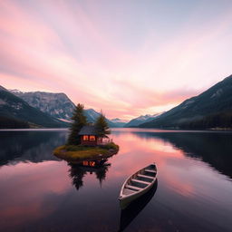 A serene lake surrounded by mountains during sunset, with pink and orange hues reflecting on the water