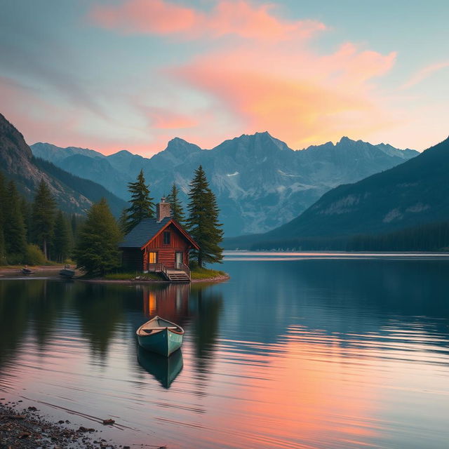 A serene lake surrounded by mountains during sunset, with pink and orange hues reflecting on the water