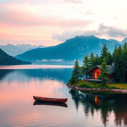 A serene lake surrounded by mountains during sunset, with pink and orange hues reflecting on the water