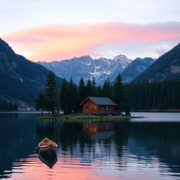 A serene lake surrounded by mountains during sunset, with pink and orange hues reflecting on the water