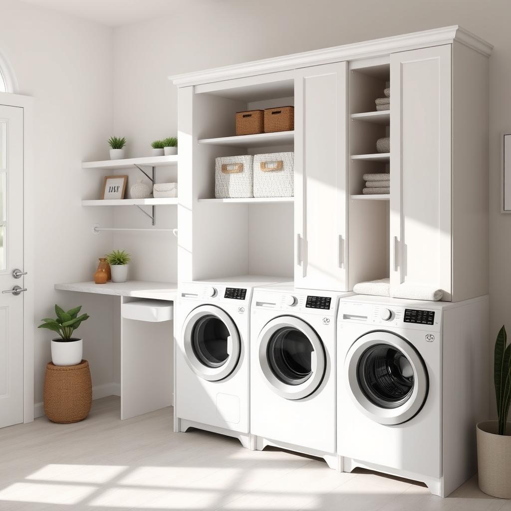 A beautifully designed laundry space featuring a sleek dryer cabinet