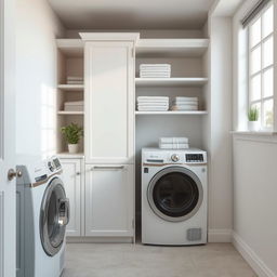 A beautifully designed laundry space featuring a sleek dryer cabinet