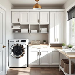 A beautifully designed laundry space featuring a sleek dryer cabinet