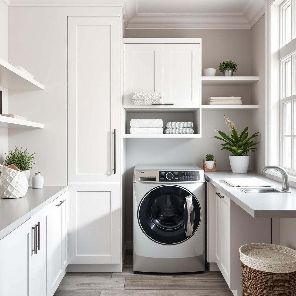 A beautifully designed laundry space featuring a sleek dryer cabinet