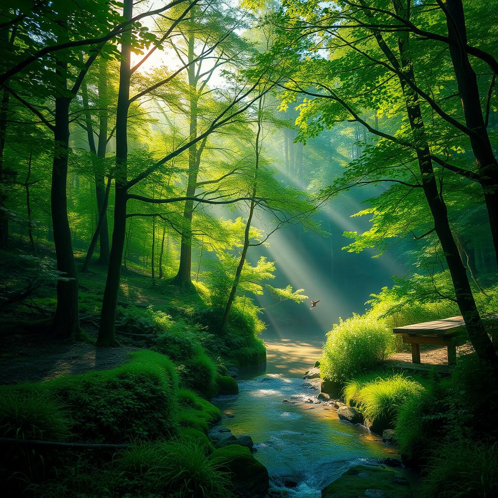 A serene landscape featuring a lush forest, with sunlight filtering through the canopy creating a mosaic of light and shadow on the forest floor