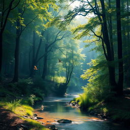 A serene landscape featuring a lush forest, with sunlight filtering through the canopy creating a mosaic of light and shadow on the forest floor