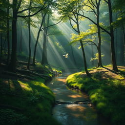 A serene landscape featuring a lush forest, with sunlight filtering through the canopy creating a mosaic of light and shadow on the forest floor