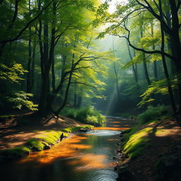 A serene landscape featuring a lush forest, with sunlight filtering through the canopy creating a mosaic of light and shadow on the forest floor