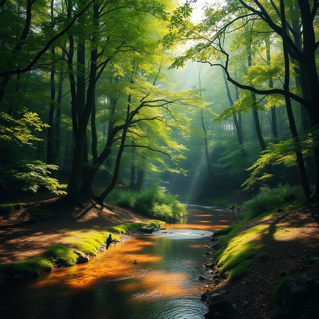 A serene landscape featuring a lush forest, with sunlight filtering through the canopy creating a mosaic of light and shadow on the forest floor