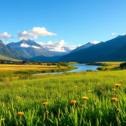 A serene landscape featuring a lush green meadow in the foreground, bordered by vibrant wildflowers swaying gently in the breeze