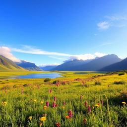 A serene landscape featuring a lush green meadow in the foreground, bordered by vibrant wildflowers swaying gently in the breeze