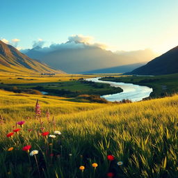 A serene landscape featuring a lush green meadow in the foreground, bordered by vibrant wildflowers swaying gently in the breeze