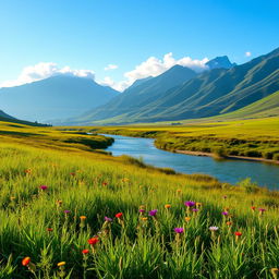 A serene landscape featuring a lush green meadow in the foreground, bordered by vibrant wildflowers swaying gently in the breeze