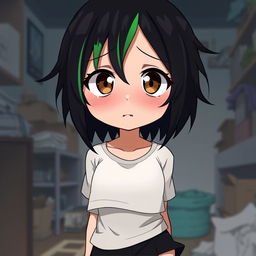 Anime 2D style original character: a girl with black hair with green streaks and brown eyes, wearing a white top and black shorts