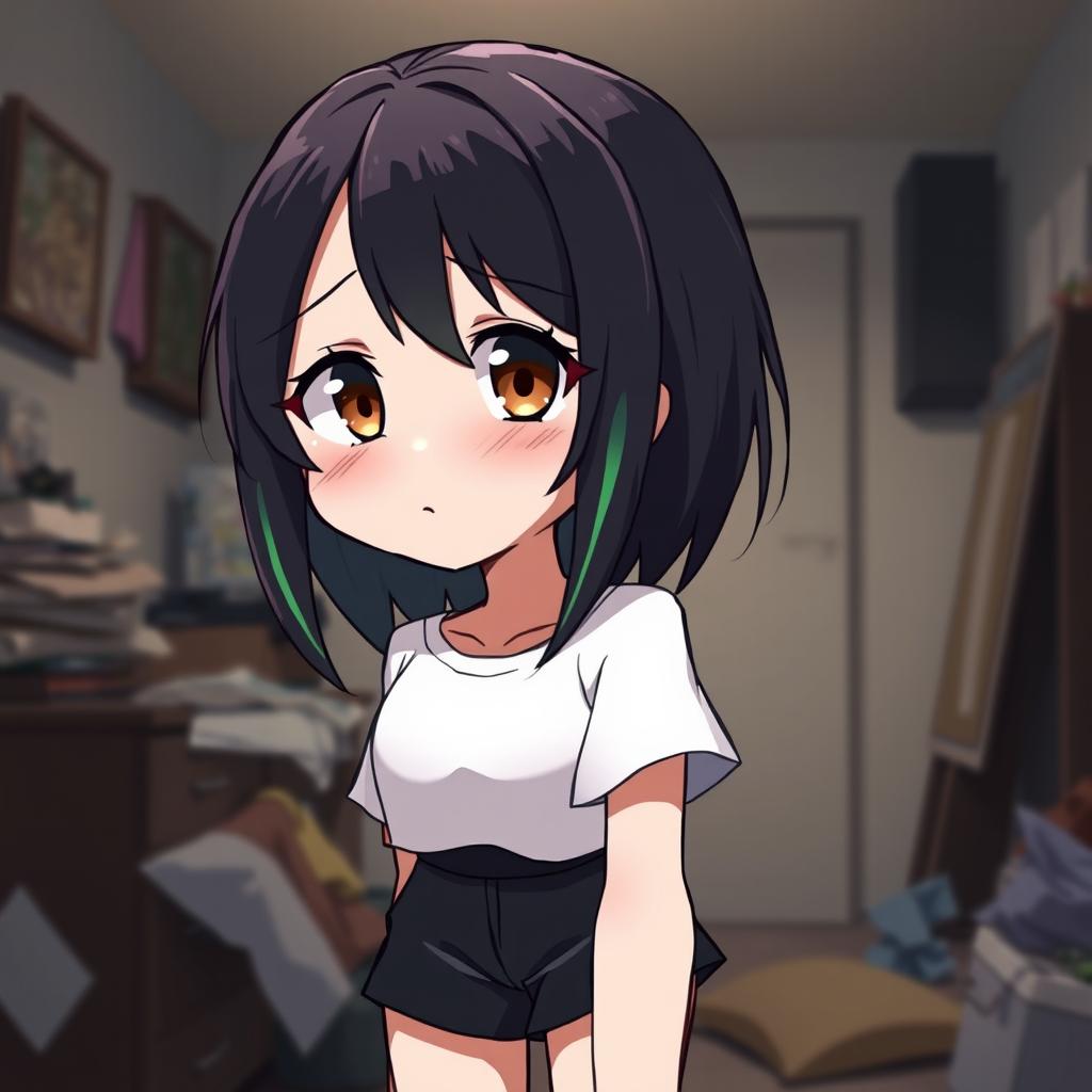 Anime 2D style original character: a girl with black hair with green streaks and brown eyes, wearing a white top and black shorts