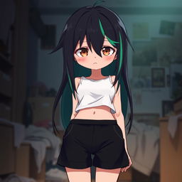 Anime 2D style original character: a girl with black hair with green streaks and brown eyes, wearing a white top and black shorts