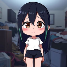 Anime 2D style original character: a girl with black hair with green streaks and brown eyes, wearing a white top and black shorts