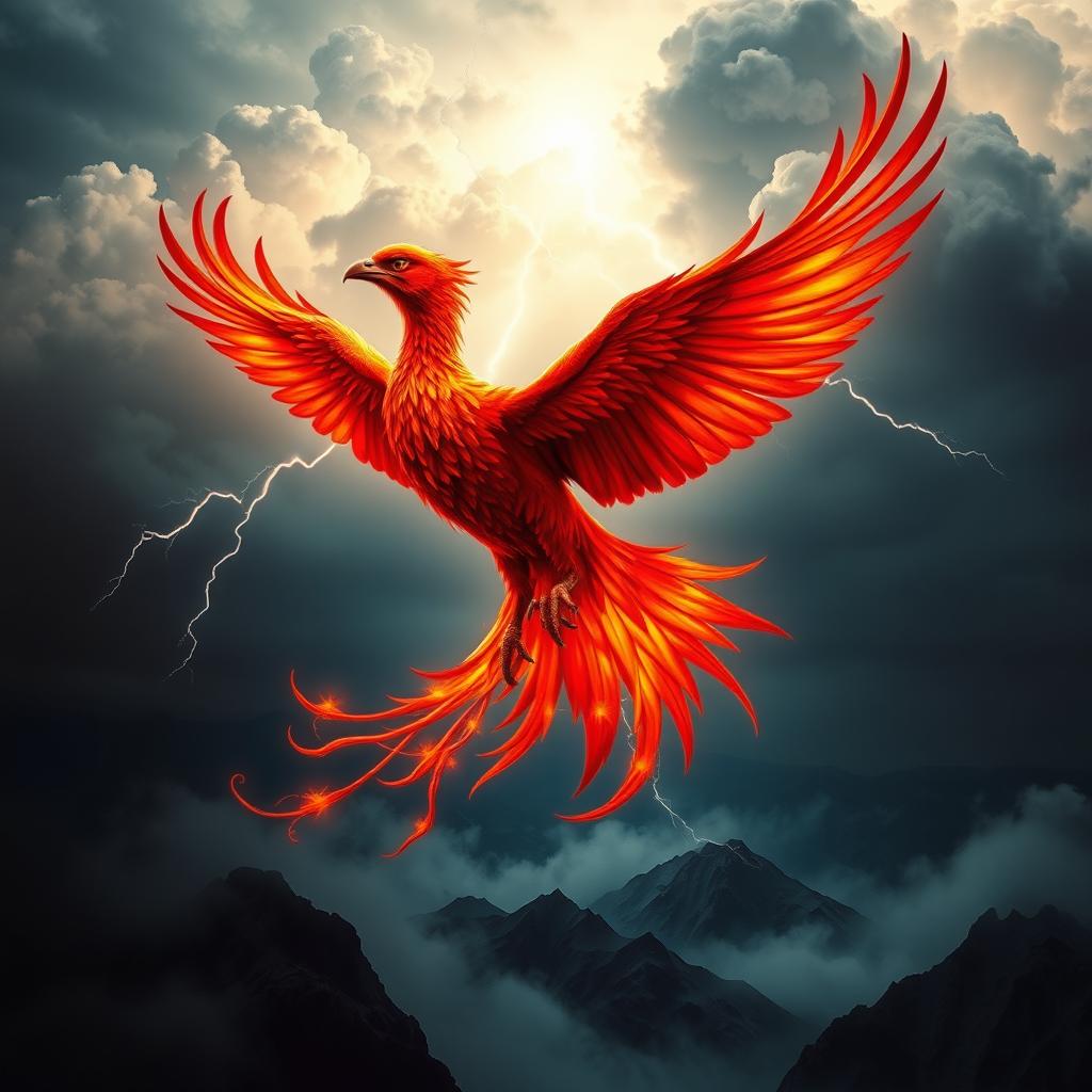 A unique and imaginative scene where a majestic phoenix, with its vibrant red and orange feathers glowing like embers, soars through a sky filled with dramatic storm clouds