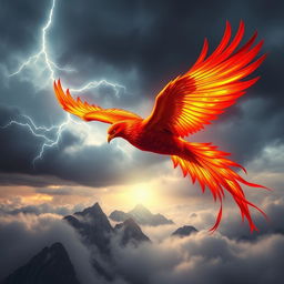 A unique and imaginative scene where a majestic phoenix, with its vibrant red and orange feathers glowing like embers, soars through a sky filled with dramatic storm clouds