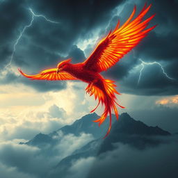 A unique and imaginative scene where a majestic phoenix, with its vibrant red and orange feathers glowing like embers, soars through a sky filled with dramatic storm clouds