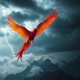 A unique and imaginative scene where a majestic phoenix, with its vibrant red and orange feathers glowing like embers, soars through a sky filled with dramatic storm clouds