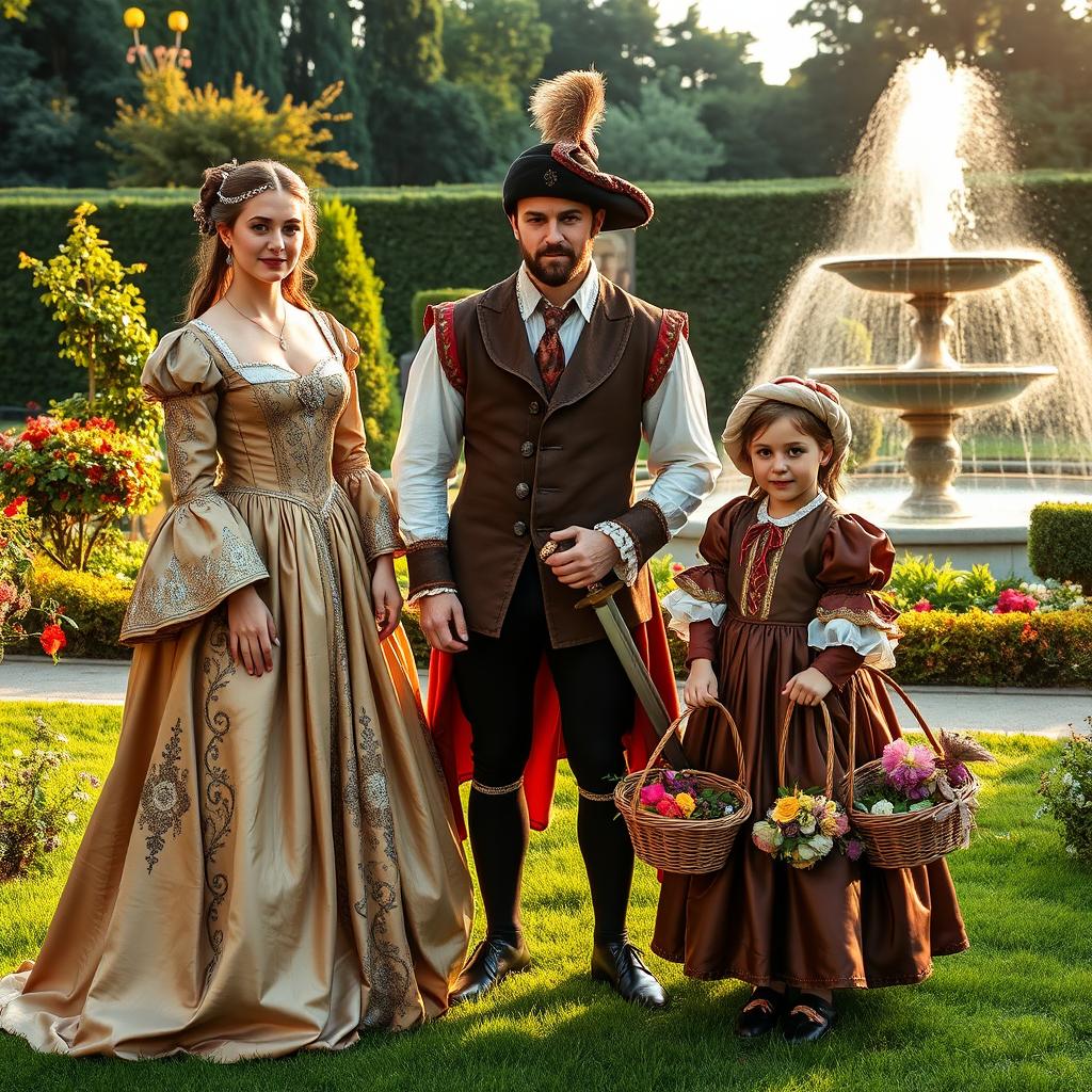 A group of three people, each dressed in elaborate renaissance costumes