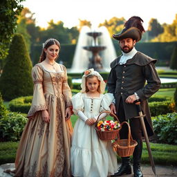 A group of three people, each dressed in elaborate renaissance costumes