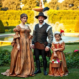 A group of three people, each dressed in elaborate renaissance costumes