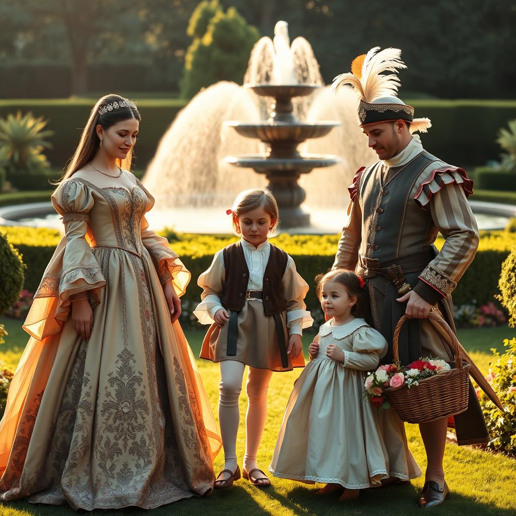 A group of three people, each dressed in elaborate renaissance costumes