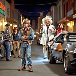 A dynamic scene where a young teenager, Marty McFly, dressed in 1980s attire, is in the midst of a time travel adventure