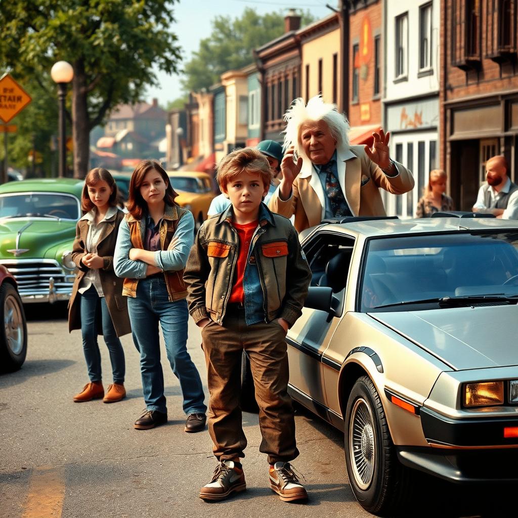 A dynamic scene where a young teenager, Marty McFly, dressed in 1980s attire, is in the midst of a time travel adventure