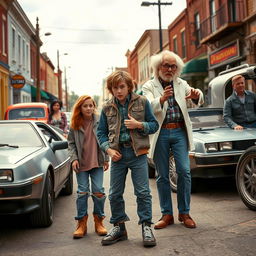 A dynamic scene where a young teenager, Marty McFly, dressed in 1980s attire, is in the midst of a time travel adventure