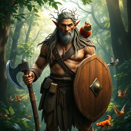 A mid-aged forest elf, robust and muscular, standing confidently in a lush forest